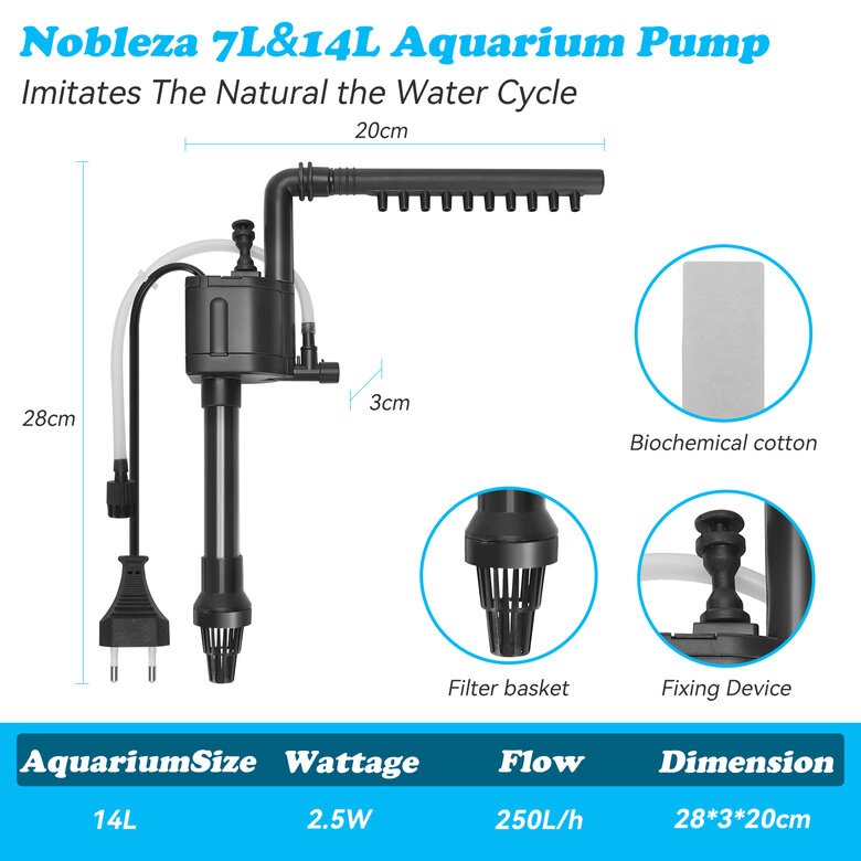 Nobleza - Bomba para Acuario de 14L, Bombas de Agua Sumergible(250 L/H, 2.5 W), Bomba con Oxigenación, , large image number null