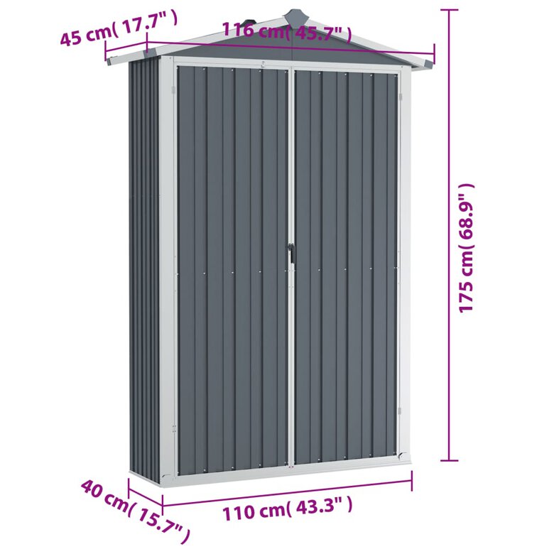 vidaXL Cobertizo de jardín acero galvanizado gris 116x45x175 cm, , large image number null