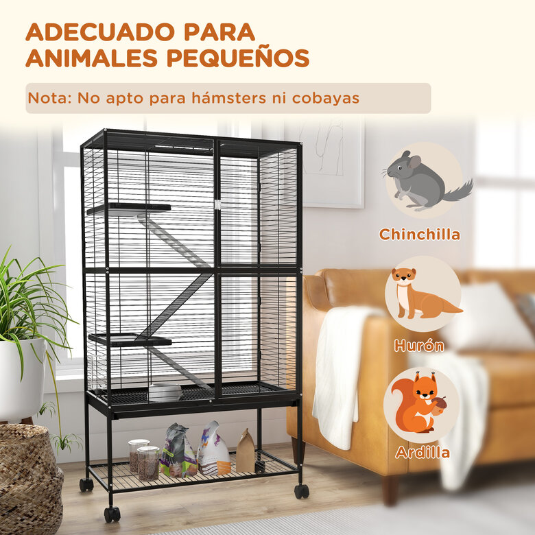 PawHut Jaula para Animales Pequeños de 4 Niveles Parque para Mascotas con Ruedas Rampa Cuenco Botella de Agua y Bandeja Extraíble Recinto para Conejos Chinchillas Hurones 78x45,5x136 cm Negro, , large image number null