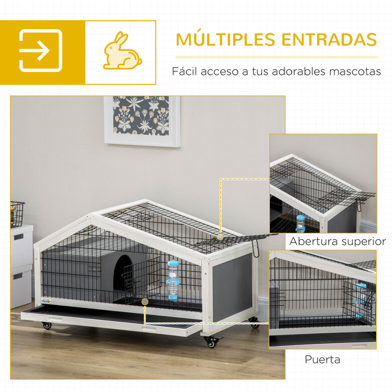 PawHut Conejera de Madera con Ruedas 90x53x55 cm Jaula de Conejillos con Bandeja Extraíble y Botella de Agua Casita para Animales Pequeños Gris Oscuro, , large image number null