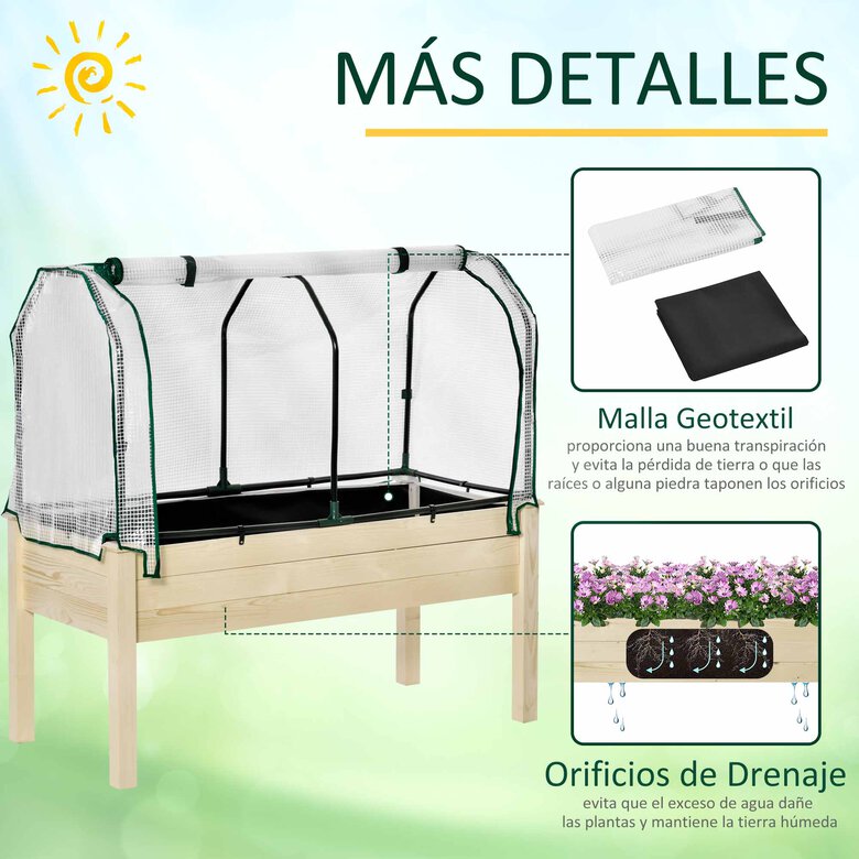 Outsunny Huerto Urbano Elevado de Madera 121x55x117 cm con Cubierta de Protección Mesa de Jardinera para Cultivo Flores Vegetales en Jardín Terraza Color Natural, , large image number null