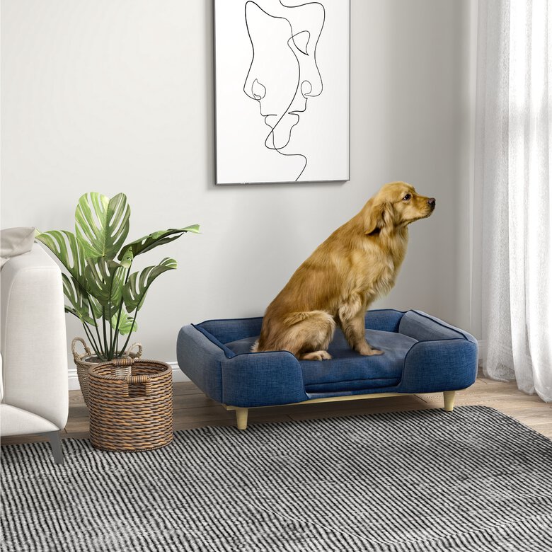 PawHut Sofá para Perros Grandes Cama Elevada para Perros con Patas de Madera y Cojín Lavables Cama para Mascotas Carga 30 kg 96x66x24 cm Azul, , large image number null