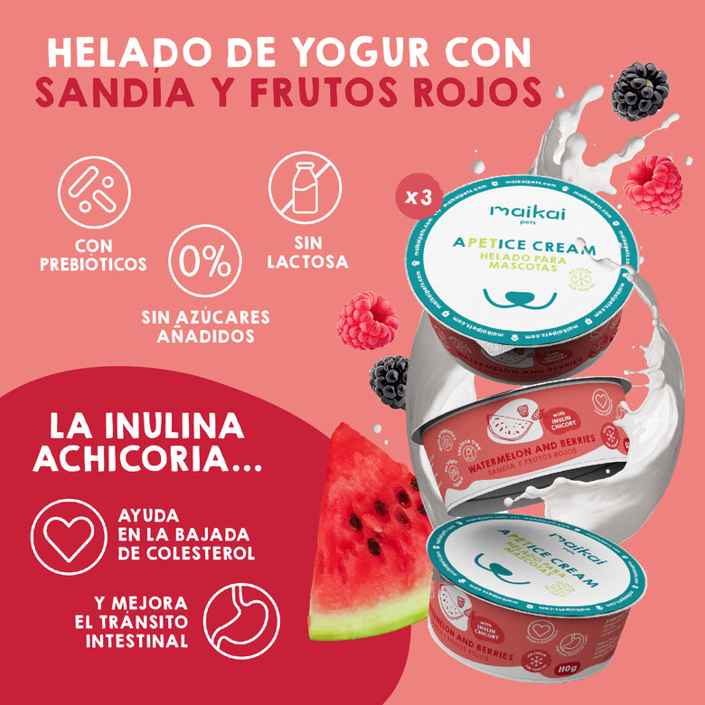 Helados para Perros y Gatos con prebióticos. MAIKAI PETS. PACK 6 (6x110g). Sabores: Yogur cpn manzana y Kiwi, y Yogur con Sandia y frutos rojos., , large image number null