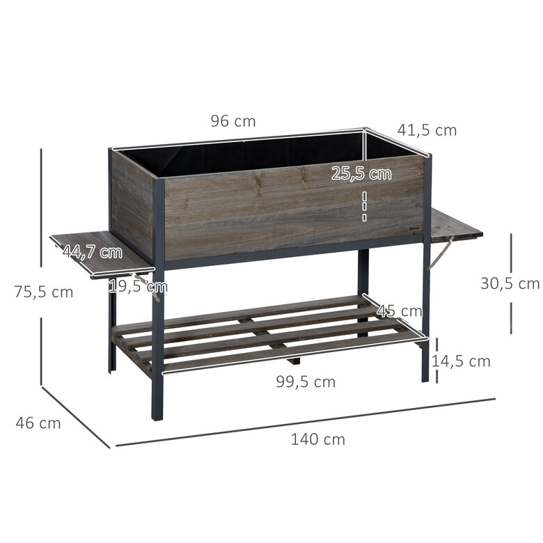 Outsunny Huerto Urbano Elevado de Madera 140x46x75,5 cm Mesa de Cultivo de Jardín con 2 Baldas Laterales Estante Inferior y 2 Orificios de Drenaje para Plantas Flores Gris, , large image number null