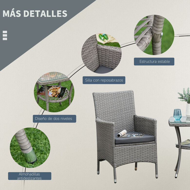 Outsunny Conjunto de Muebles para Jardín Juegos de Muebles de Ratán Incluye 1 Mesa y 2 Sillones con Cojines Estructura de Metal para Terraza Patio Gris, , large image number null