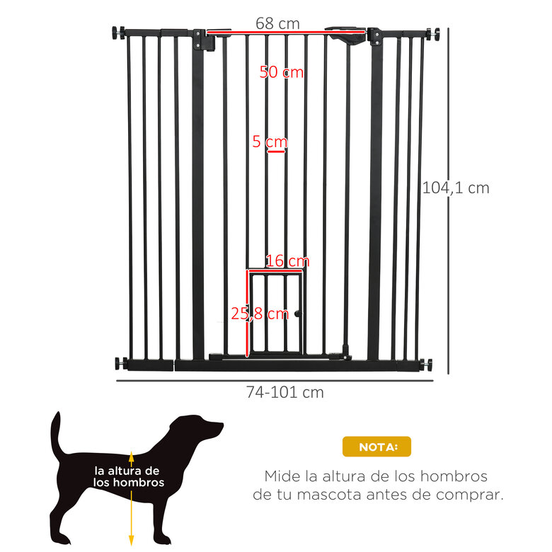 PawHut Barrera de Seguridad para Perros con 1 Puerta Pequeña Barrera para Mascotas Extensible con Cierre Automático y Sistema de Doble Bloqueo para Puerta Pasillo Escalera 74-101x104,1 cm Negro, , large image number null