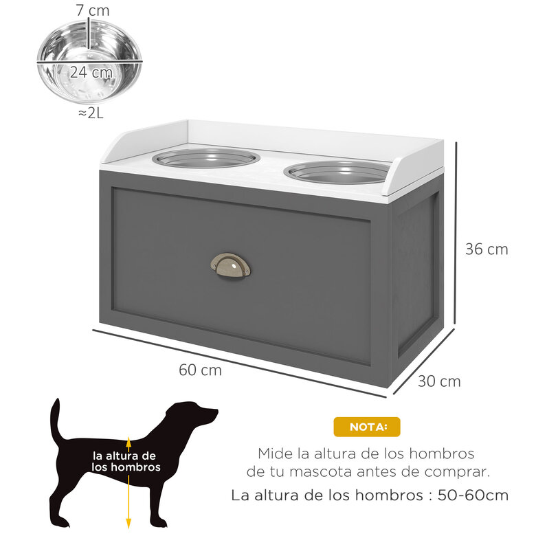 PawHut Comedero Elevado para Perros Grandes Cuencos para Perros con 2 Tazones 2000ml de Acero Inoxidable y Cajón Oculto Soporte de Madera para Mascotas 60x30x36 cm Gris y Blanco, , large image number null