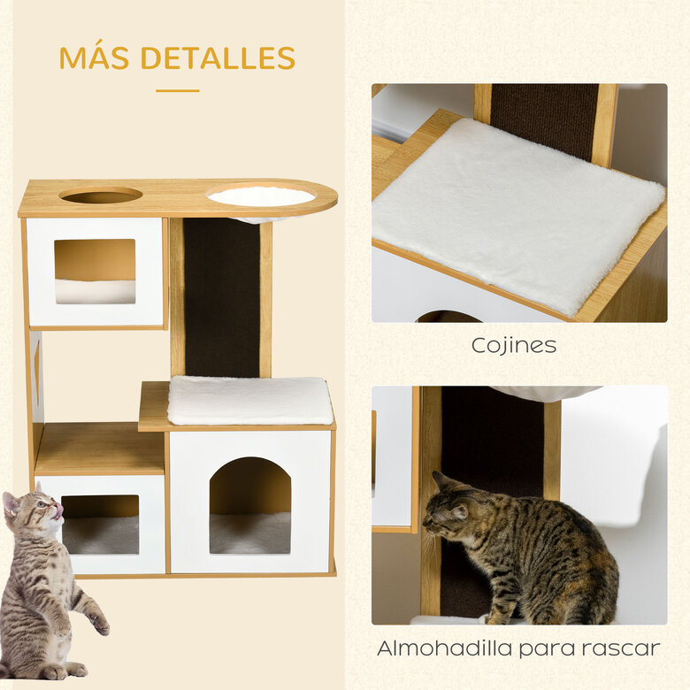 PawHut Árbol Rascador para Gatos Altura 92,5 cm Torre para Gatos con 3 Casetas de Madera Cojines Lavables Tabla de Rascador y Hamaca 76x37x92,5 cm Roble., , large image number null