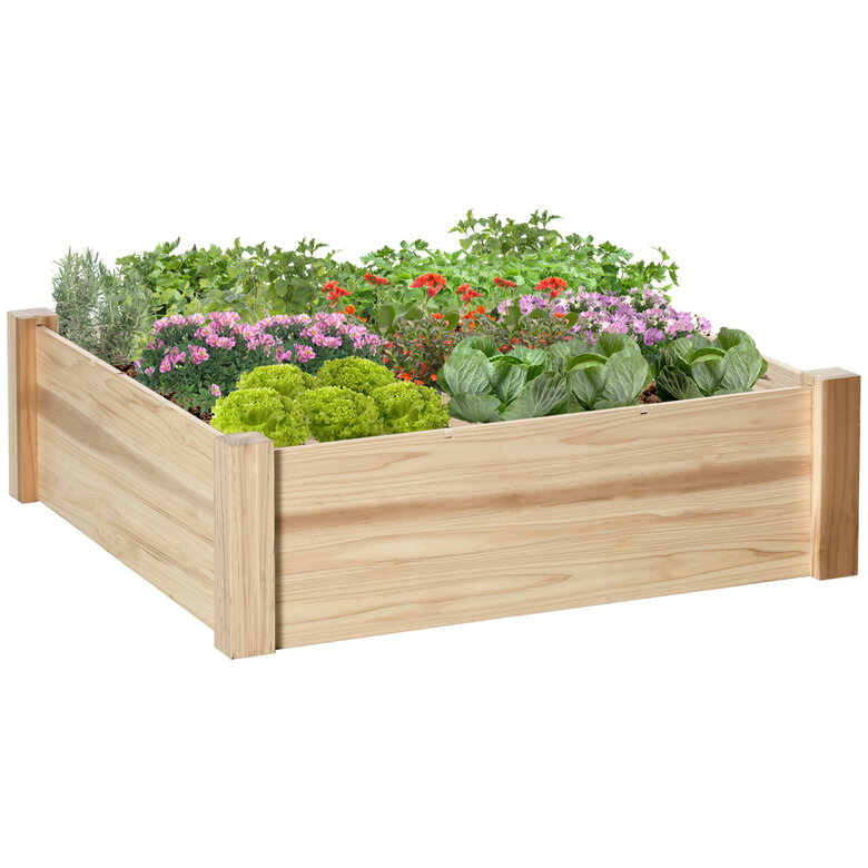 Outsunny Huerto Urbano de Madera Cuadrada 90x90x28 cm con 9 Compartimentos Extraíbles Arriate de Jardín para Cultivos Plantas Flores Natural, , large image number null