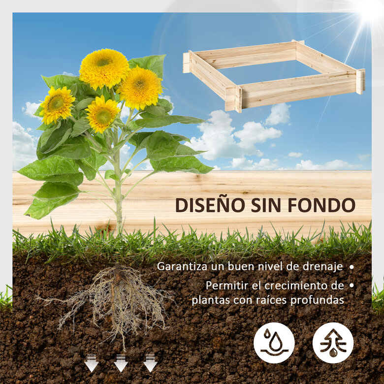 Outsunny Huerto Urbano Arriate de Madera de Jardín Cuadrada Jardinera Macetero para Cultivos Plantas Flores Hierbas Terraza 100x100x16 cm Natural, , large image number null