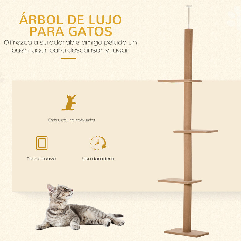 PawHut Árbol para Gatos del Suelo al Techo 43x27x228-260 cm Torre para Gatos con Altura Ajustable 4 Plataformas Espaciosas y Poste de Sisal Marrón, , large image number null