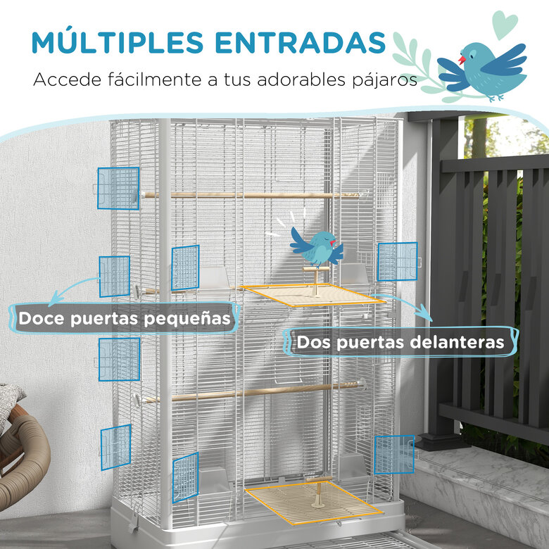 PawHut Jaula para Pájaros 61x36,5x98 cm Pajarera con Puertas Perchas Bandeja Extraíble Cajas de Comidas y Asas Jaula para Ninfas Periquitos Pinzones Canarios Blanco, , large image number null