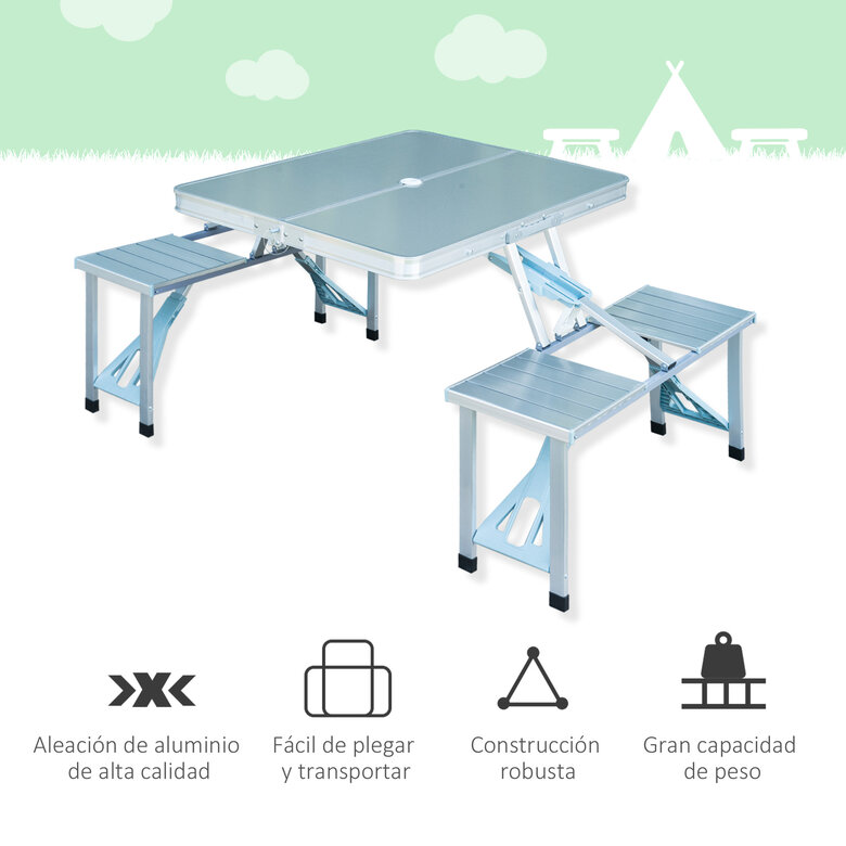 Outsunny Mesa Maleta de Camping Plegable Portátil con 4 Asientos y Agujero para Sombrilla, , large image number null