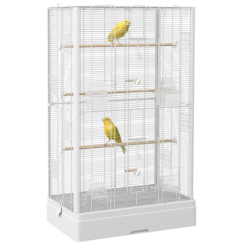 PawHut Jaula para Pájaros 61x36,5x98 cm Pajarera con Puertas Perchas Bandeja Extraíble Cajas de Comidas y Asas Jaula para Ninfas Periquitos Pinzones Canarios Blanco, , large image number null