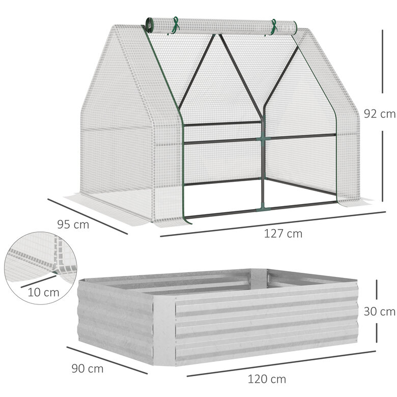 Outsunny Huerto Urbano con Invernadero Invernadero de Exterior 127x95x92 cm Tipo Caseta con Arriate de Acero Interior Ventana Enrollable y Cubierta de PE 140 g/m² para Cultivos Plantas Flores Blanco, , large image number null