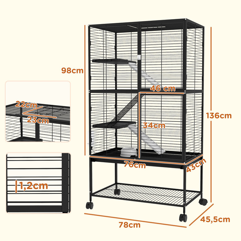 PawHut Jaula para Animales Pequeños de 4 Niveles Parque para Mascotas con Ruedas Rampa Cuenco Botella de Agua y Bandeja Extraíble Recinto para Conejos Chinchillas Hurones 78x45,5x136 cm Negro, , large image number null