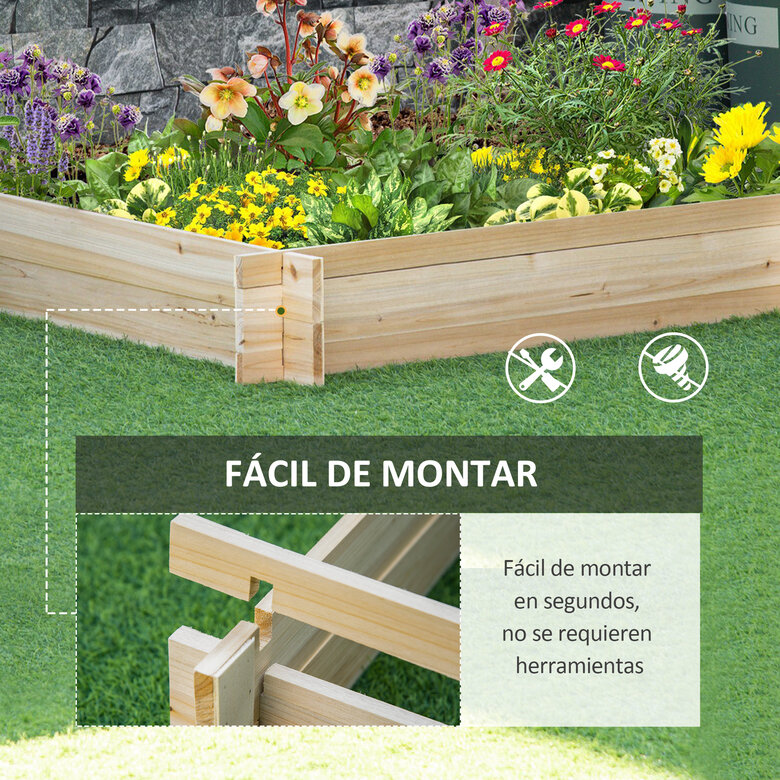 Outsunny Huerto Urbano Arriate de Madera de Jardín Cuadrada Jardinera Macetero para Cultivos Plantas Flores Hierbas Terraza 100x100x16 cm Natural, , large image number null