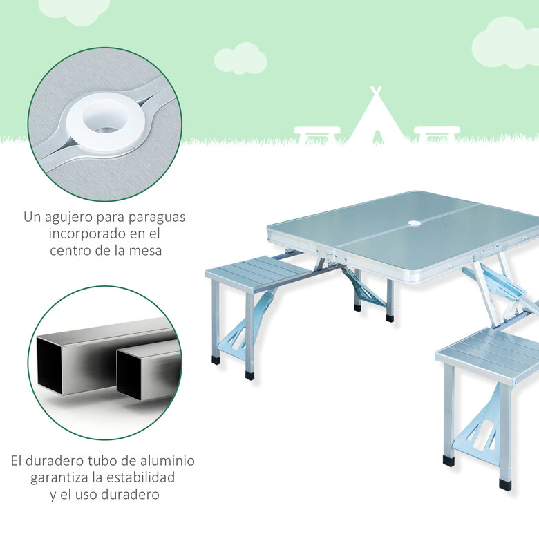 Outsunny Mesa Maleta de Camping Plegable Portátil con 4 Asientos y Agujero para Sombrilla, , large image number null