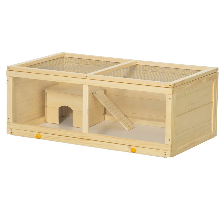 PawHut Jaula para Hámster de Madera 100x58x38 cm Casa para Roedores con Tapa Abatible Panel de Acrílico Bandeja Extraíble y Cabaña para Conejos Chinchillas Natural, , large image number null