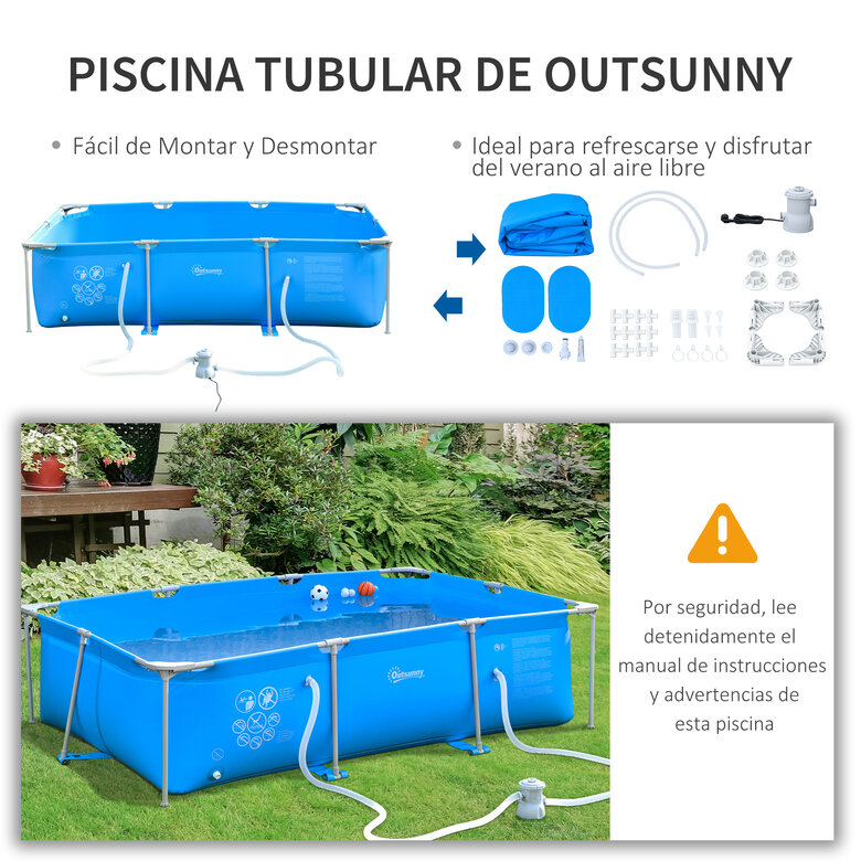 OUTSUNNY PISCINA AZUL RECTANGULAR DESMONTABLE PARA ADULTOS Y NIÑOS, , large image number null