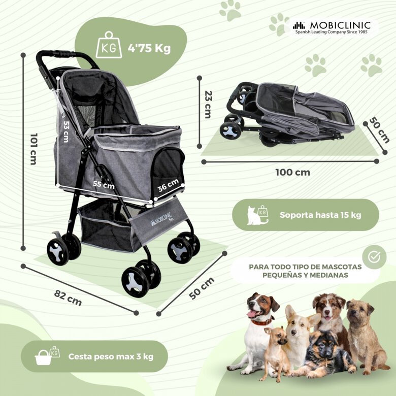 Carrito para perros Plegable Mobiclinic Ruedas con freno y 360º 3 accesos Con toldo Cesta almacenaje y portavasos Gris, , large image number null