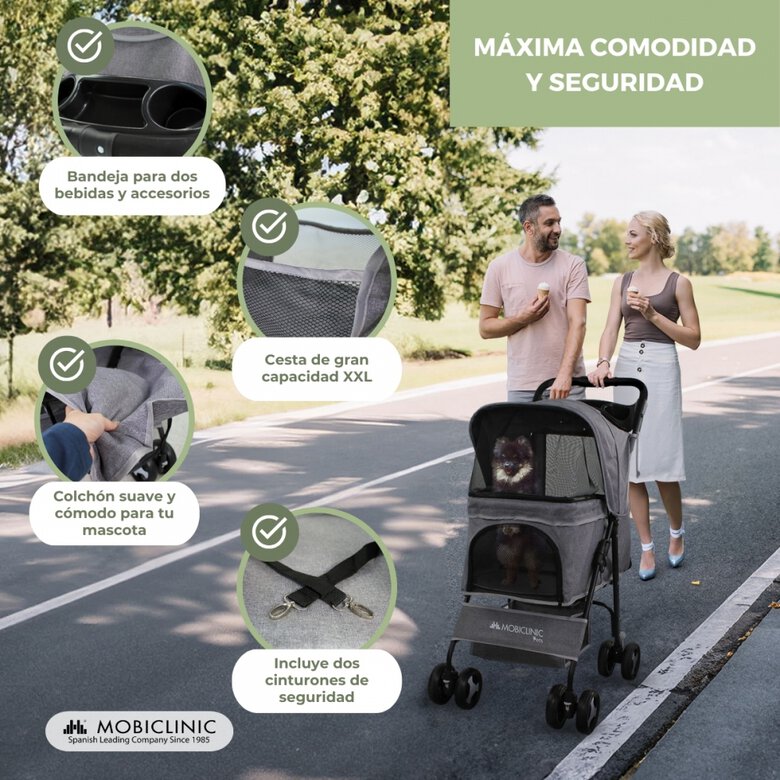 Carrito para perros Plegable Mobiclinic Ruedas con freno y 360º 3 accesos Con toldo Cesta almacenaje y portavasos Gris, , large image number null