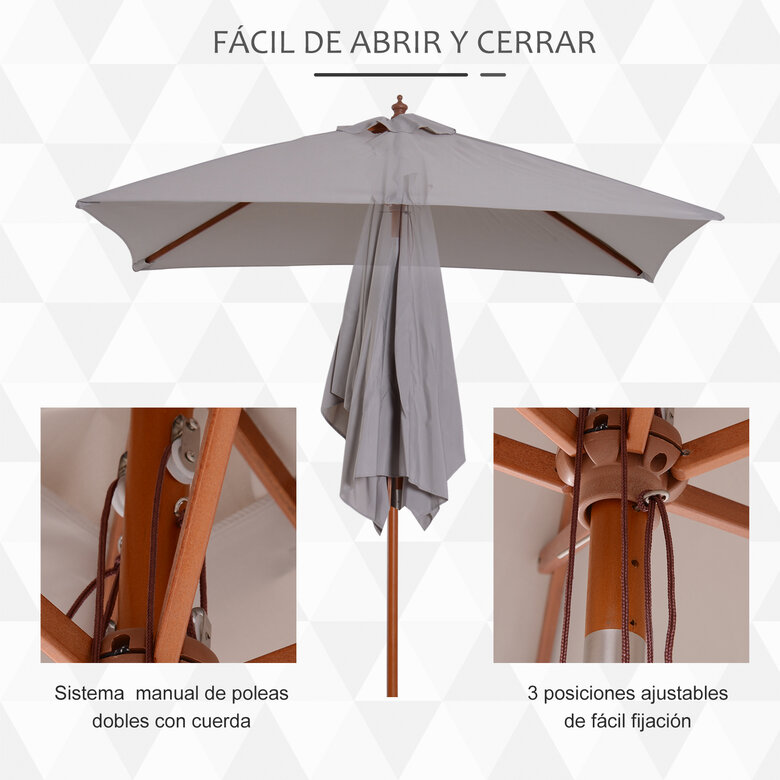 Outsunny Sombrilla de Jardín 200x150x235 cm Parasol de Jardín Rectangular con Ángulo Ajustable Anti-UV Impermeable y Poste de Madera para Playa Patio Exterior Gris, , large image number null