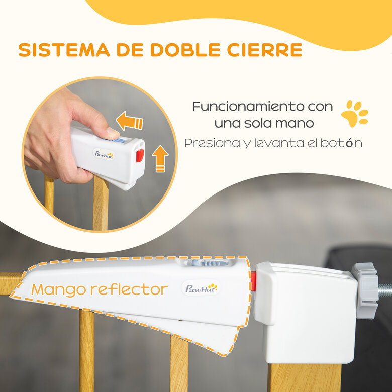 PawHut Barrera de Seguridad para Perros 77-103 cm Vallas para Perros Extensible con 2 Extensiones Mango Luminoso y Cierre Automático para Escaleras y Puertas Natural, , large image number null