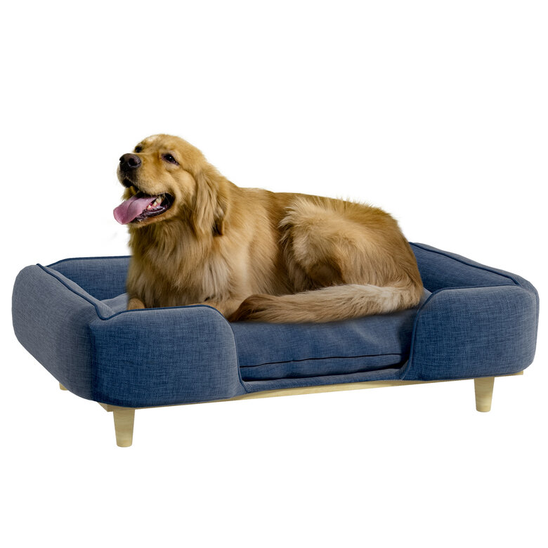 PawHut Sofá para Perros Grandes Cama Elevada para Perros con Patas de Madera y Cojín Lavables Cama para Mascotas Carga 30 kg 96x66x24 cm Azul, , large image number null