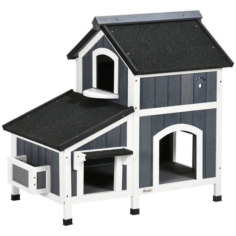 PawHut Caseta para Gatos de Madera con Macetero 96x65x85,5 cm Casa para Gatos Refugio para Gatos de 2 Niveles con Techo Asfáltico Ventana y Múltiples Entradas Gris., , large image number null