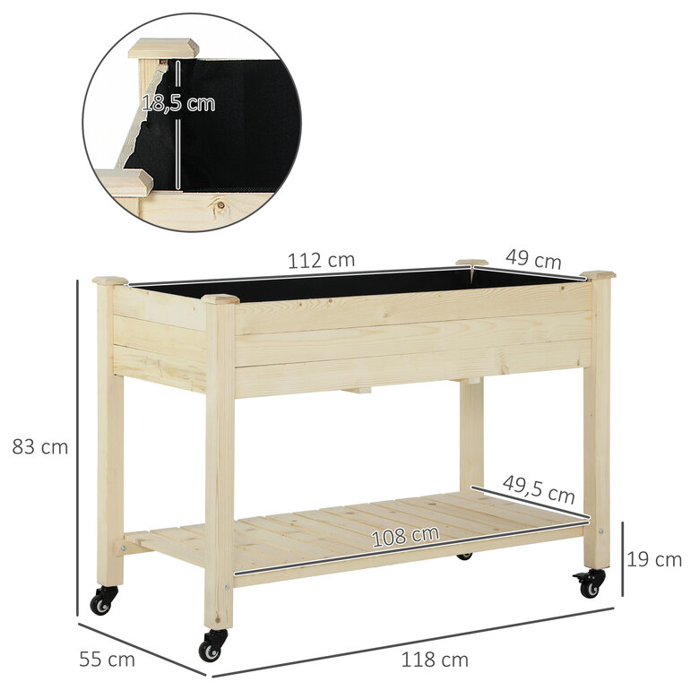 Outsunny Huerto Urbano Mesa de Cultivo 118x55x83 cm Elevado de Madera con Estante Tela Geotextil Ruedas con Frenos Portátil para Cultivo en Jardín Terraza Color Natural, , large image number null