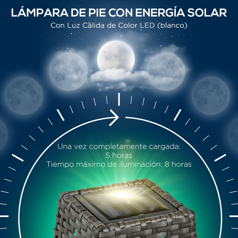 Outsunny Linterna de Jardín de Ratán Sintético Luces Solares Exterior con Luces LED Encendido/Apagado Automático para Terraza Balcón Patio 21x21x78 cm Gris, , large image number null