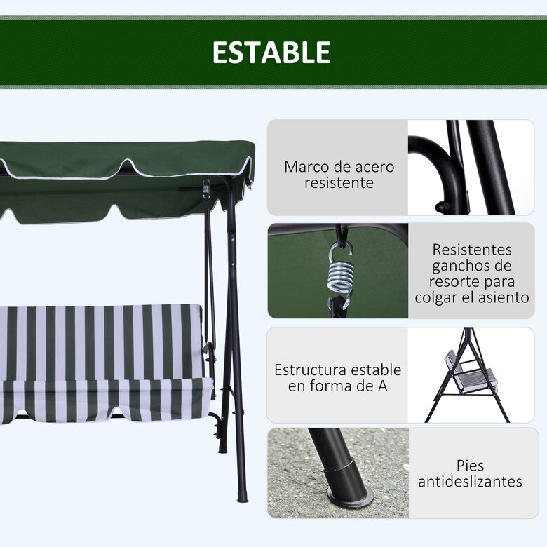 Outsunny Columpio de Jardín de 3 Plazas Silla Balancín con Parasol Techo Ajustable en Ángulo Impermeable para Exterior Terraza Balcón Carga Máx. 200 kg Acero 172x110x153 cm Verde, , large image number null