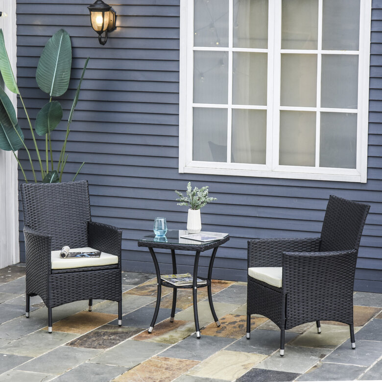 Outsunny Conjunto de Muebles para Jardín Juegos de Muebles de Ratán Incluye 1 Mesa y 2 Sillones con Cojines Estructura de Metal para Terraza Patio Negro, , large image number null