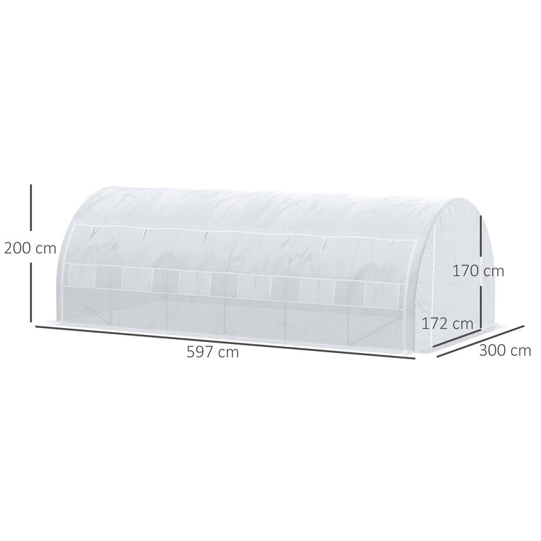 Outsunny Invernadero de Túnel de Jardín 6x3x2 m con Puerta y 12 Ventanas Enrollables de Polietileno 140 g/m² y Acero Galvanizado para Cultivos Plantas Flores Blanco, , large image number null