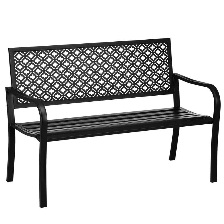 Outsunny Banco de Jardín de Acero Banco Exterior de 2 Plazas con Respaldo Decorativo Estampado para Terraza Balcón Patio Carga 240 kg 127x63x83 cm Negro, , large image number null