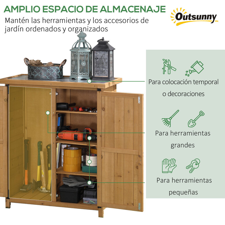 Outsunny Armario de Exterior de Madera 0,24 m² 75x40x90 cm Caseta de Jardín con 2 Puertas 4 Estantes y Techo de Galvanizado para Almacenamiento de Herramientas Natural, , large image number null