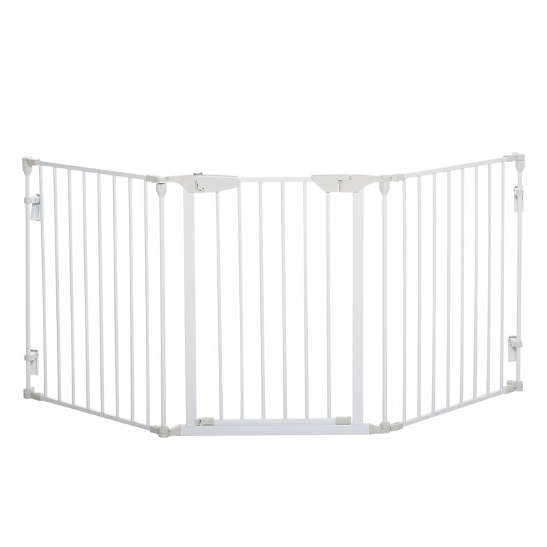 PawHut Barrera para Perros Plegable Valla para Mascotas de 3 Paneles con Cierre Inteligente Barrera de Seguridad para Escalera Pasillo 180x74,5 cm Blanco, , large image number null