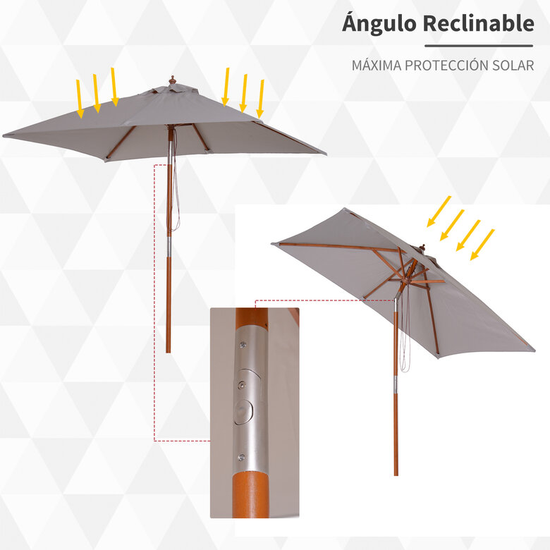 Outsunny Sombrilla de Jardín 200x150x235 cm Parasol de Jardín Rectangular con Ángulo Ajustable Anti-UV Impermeable y Poste de Madera para Playa Patio Exterior Gris, , large image number null