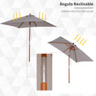 Outsunny Sombrilla de Jardín 200x150x235 cm Parasol de Jardín Rectangular con Ángulo Ajustable Anti-UV Impermeable y Poste de Madera para Playa Patio Exterior Gris, , large image number null