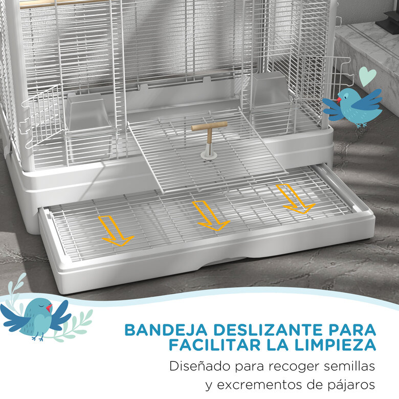 PawHut Jaula para Pájaros 61x36,5x98 cm Pajarera con Puertas Perchas Bandeja Extraíble Cajas de Comidas y Asas Jaula para Ninfas Periquitos Pinzones Canarios Blanco, , large image number null