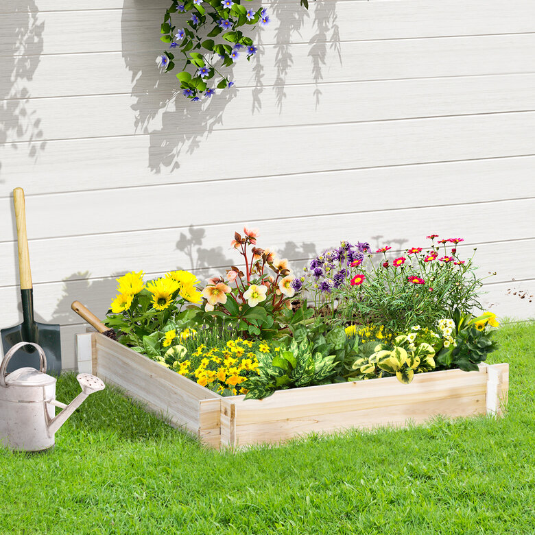 Outsunny Huerto Urbano Arriate de Madera de Jardín Cuadrada Jardinera Macetero para Cultivos Plantas Flores Hierbas Terraza 100x100x16 cm Natural, , large image number null