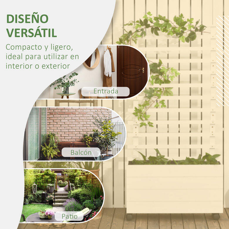 Outsunny Jardinera con Enrejado de Madera Maciza con 4 Ruedas Macetero de Jardín con Soporte para Trepadora y Tela Geotextil para Cultivos Plantas Flores 76x30x155 cm Blanco, , large image number null