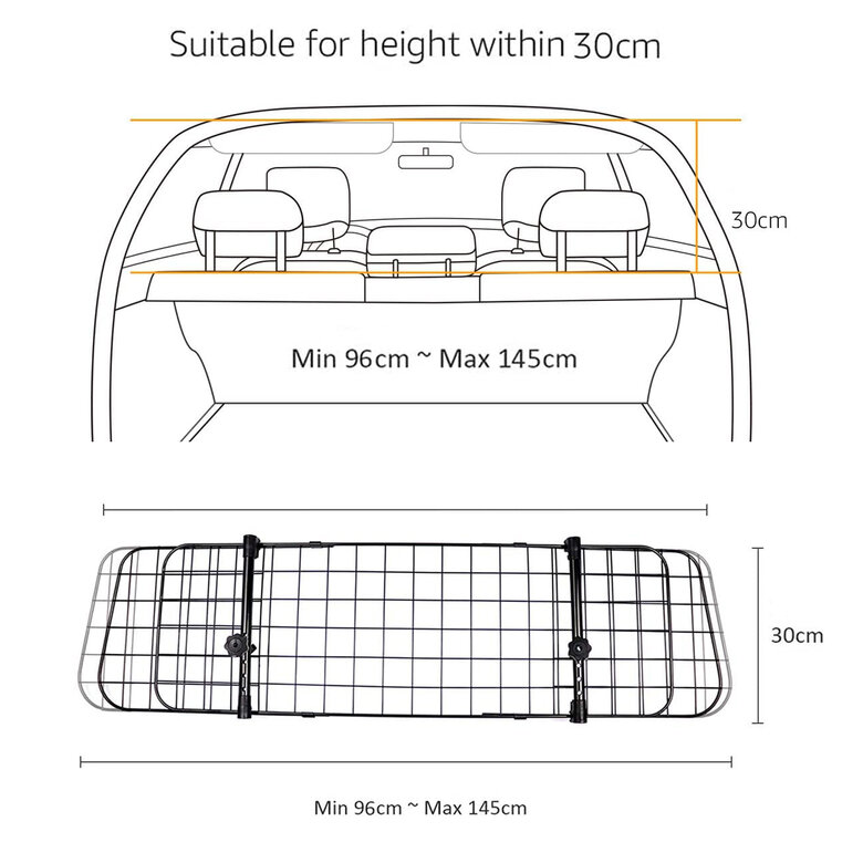 Nobleza - Barrera Protectora de Coche para Perros, Rejilla Separador Perro Coche Extensible Universal Reja de Seguridad Barrera, para Perro y Maletas Mascota Apoyo para Cabeza 96-145x30cm Acero, , large image number null