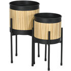 Outsunny Juego de 2 Soportes para Plantas de Metal Cubierta de Totora Soportes para Macetas Maceteros Redondos para Salón Cocina Dormitorio Ø16x30 cm y Ø14x25,5 cm Negro, , large image number null