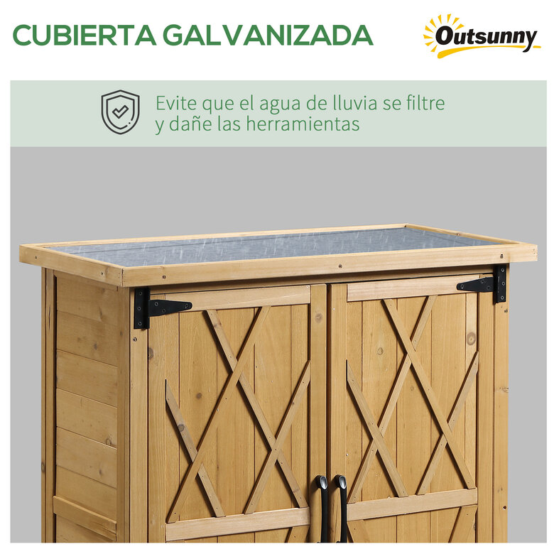 Outsunny Armario de Exterior de Madera 0,24 m² 75x40x90 cm Caseta de Jardín con 2 Puertas 4 Estantes y Techo de Galvanizado para Almacenamiento de Herramientas Natural, , large image number null