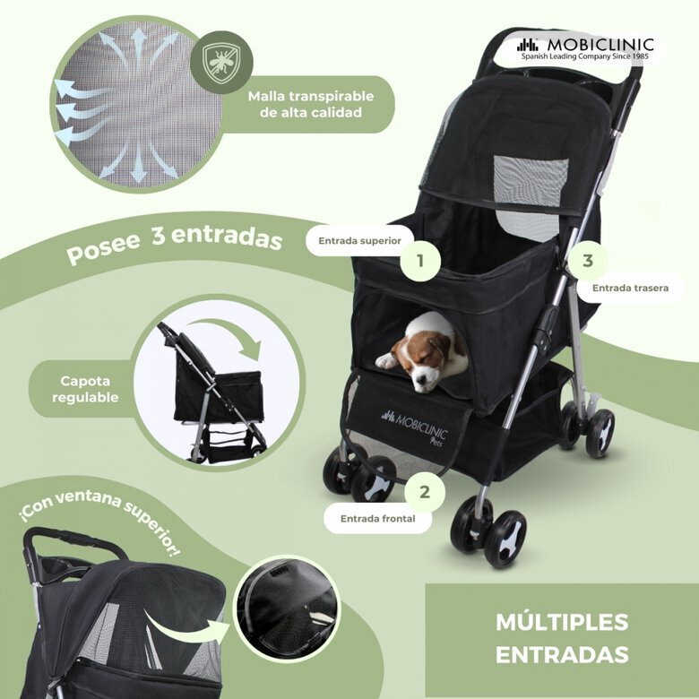 Mobiclinic Carrito para perros Ruedas con freno y 360º 3 accesos Con toldo Cesta almacenaje y portavasos Negro, , large image number null