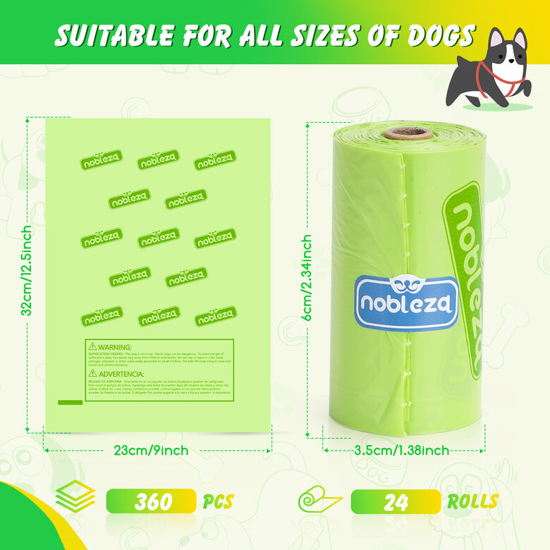 Nobleza Bolsas Caca Perro, 360 Unidades Bolsas Caca Perro Biodegradables con 1 Dispensador, Bolsas Excrementos Perros Extra Grueso, Fuerte y a Prueba, 24 Rollos/360 Unidades, , large image number null