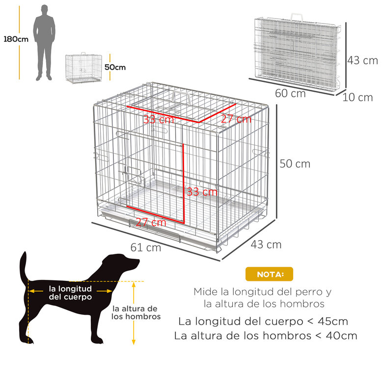 PawHut Jaula Plegable para Perros Perrera Metálica 61x43x50 cm Jaula Metálica para Perros con Bandeja Extraíble y 2 Puertas con Pestillo Blanco, , large image number null