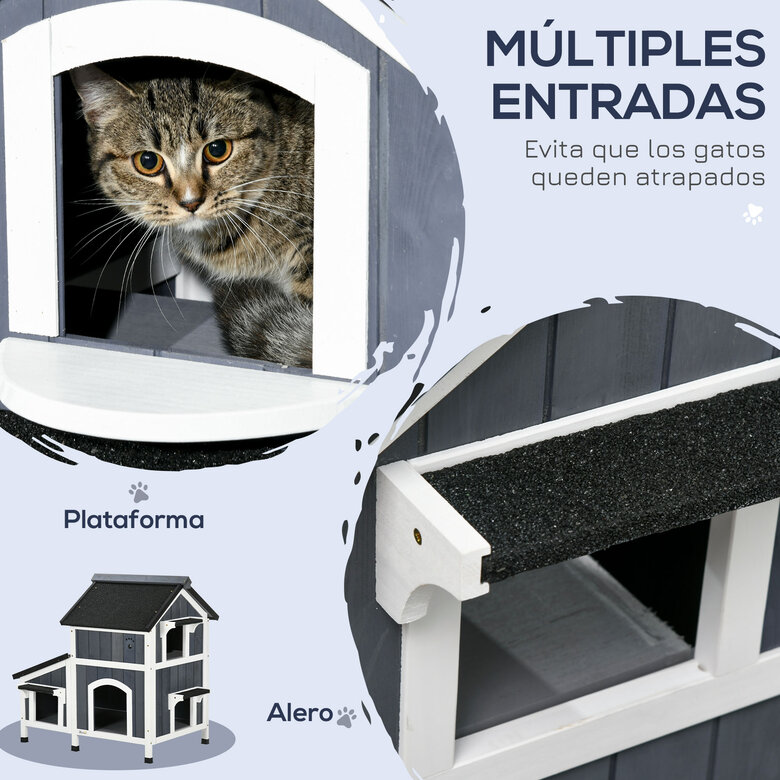 PawHut Caseta para Gatos de Madera con Macetero 96x65x85,5 cm Casa para Gatos Refugio para Gatos de 2 Niveles con Techo Asfáltico Ventana y Múltiples Entradas Gris., , large image number null